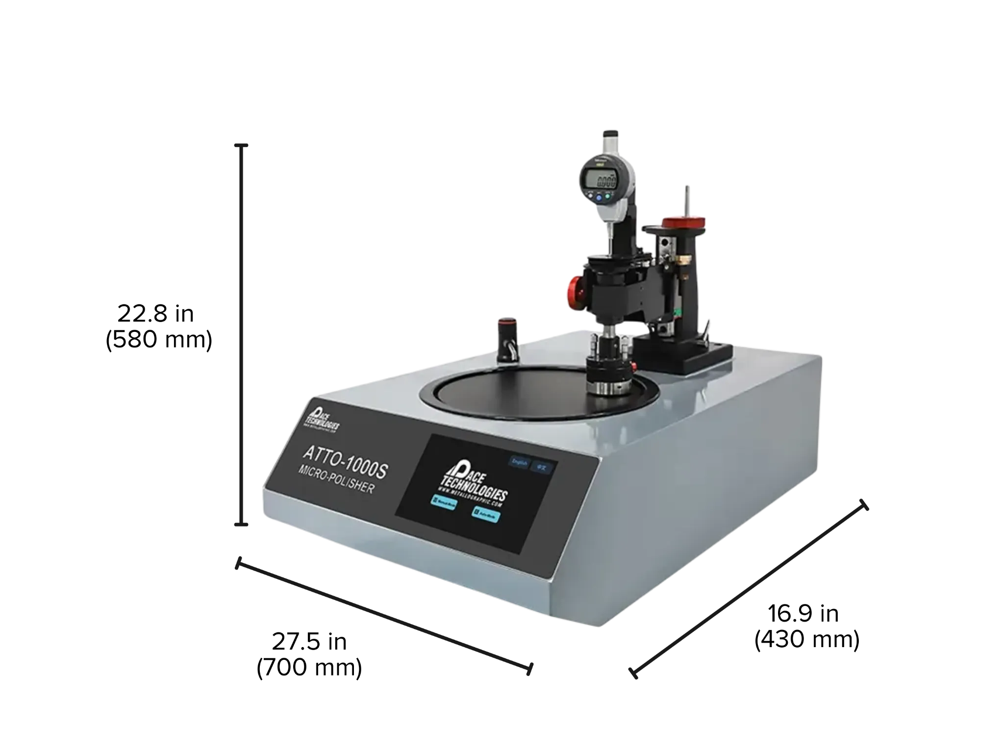 Image of the ATTO-1000S highlighting key dimensions